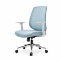 Sedia da ufficio in tessuto poliestere blu chiaro con base in acciaio cromato