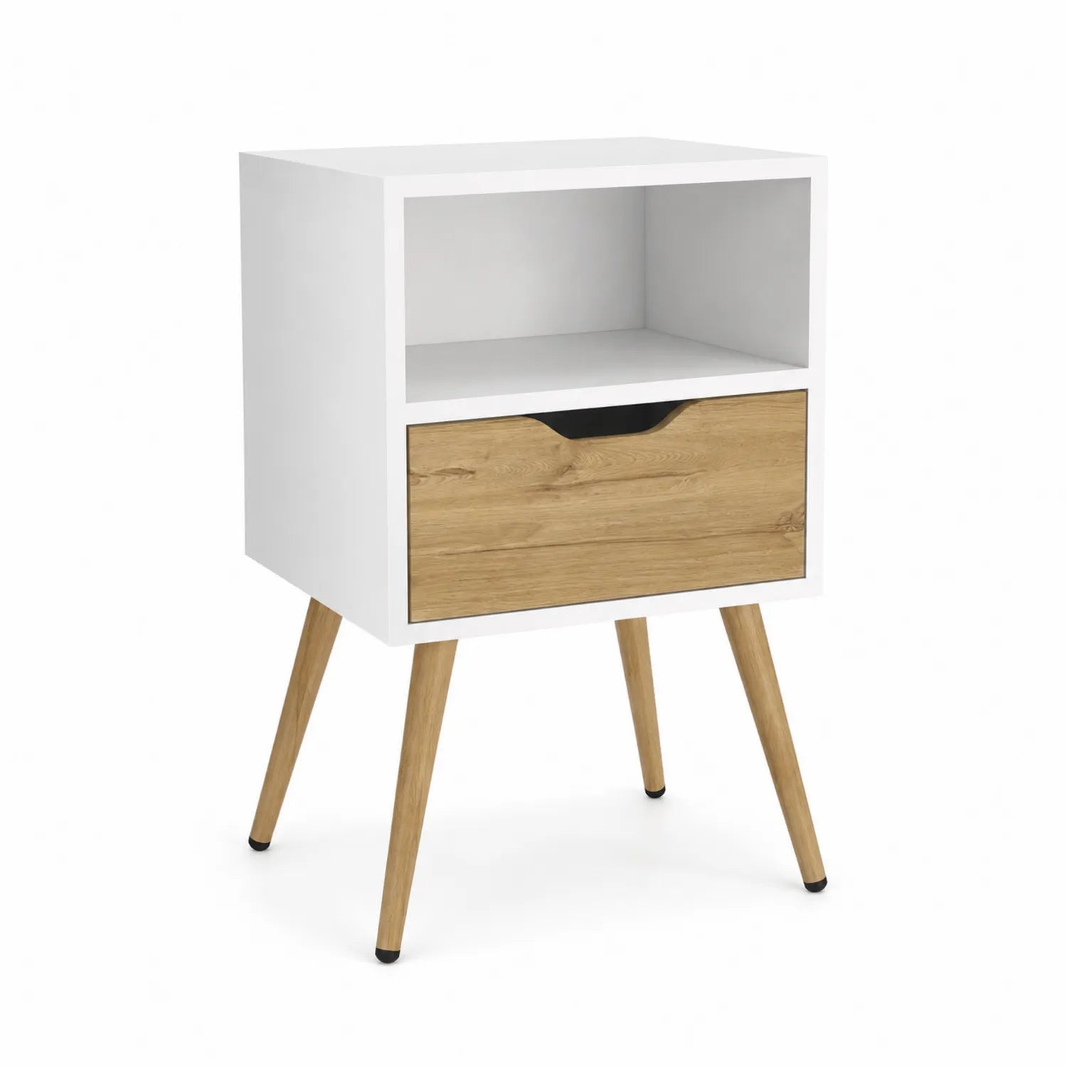 Comodino in Legno Bianco e Rovere con Cassetto