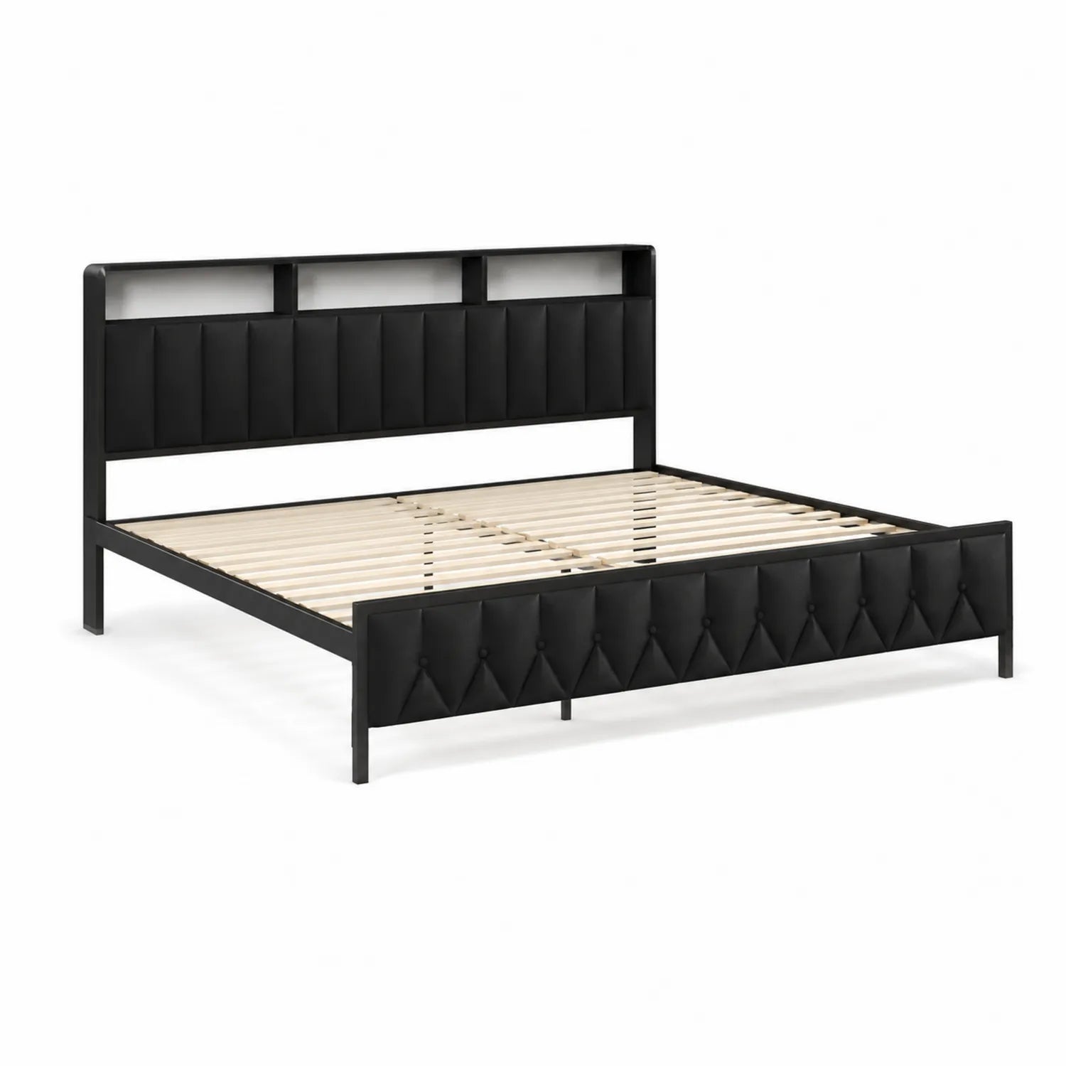 Letto matrimoniale in metallo con testiera e pediera in ecopelle nera 160x200 cm