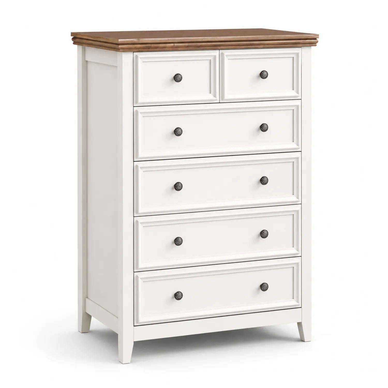 Cassettiera in legno massello bianco a 5 cassetti con piano in rovere