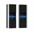 Set di 2 Armadi da Parete in MDF Nero con Vetro Temperato e LED