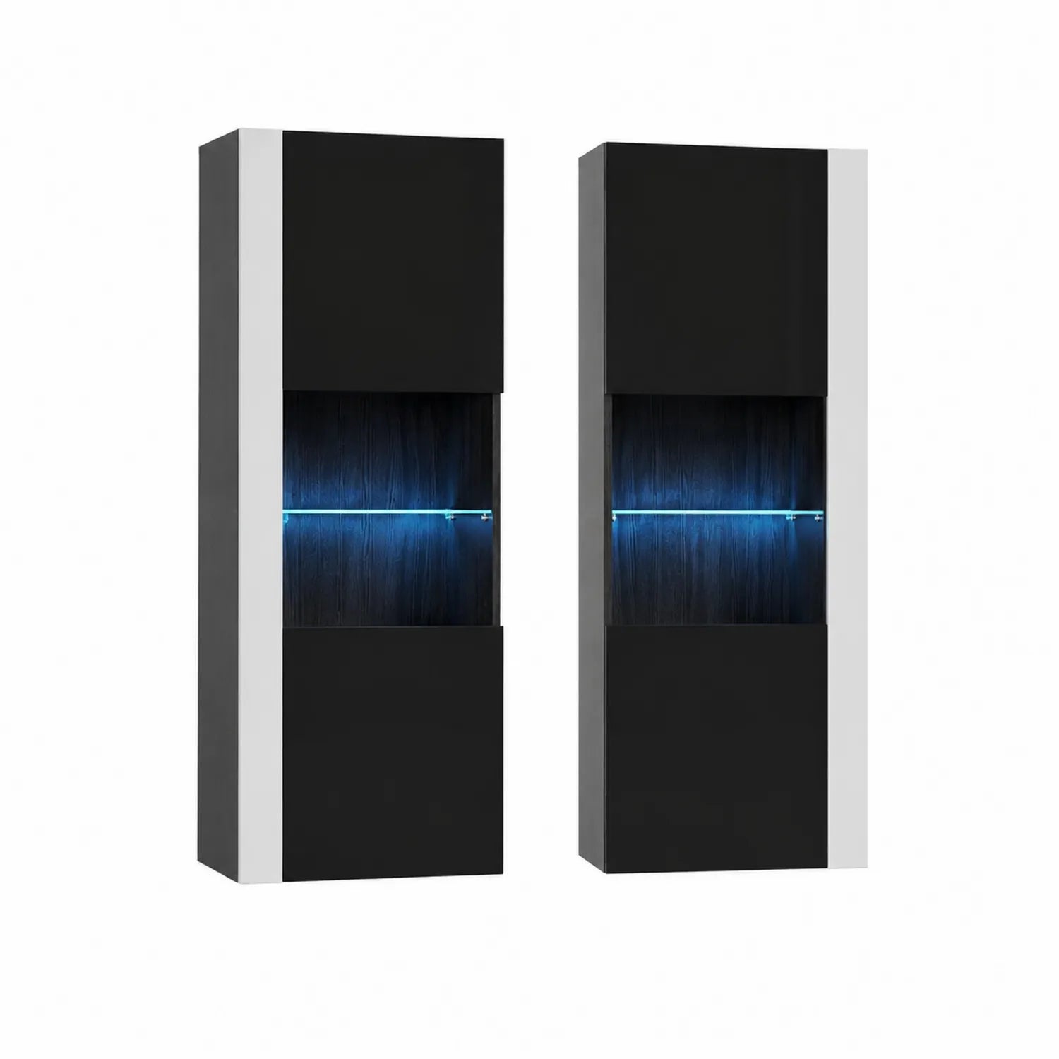 Set di 2 Armadi da Parete in MDF Nero con Vetro Temperato e LED
