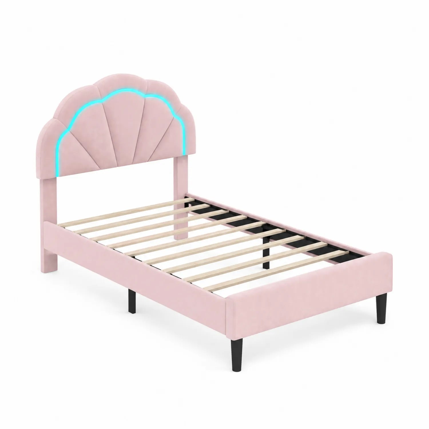 Letto singolo in velluto con testiera LED e struttura in legno