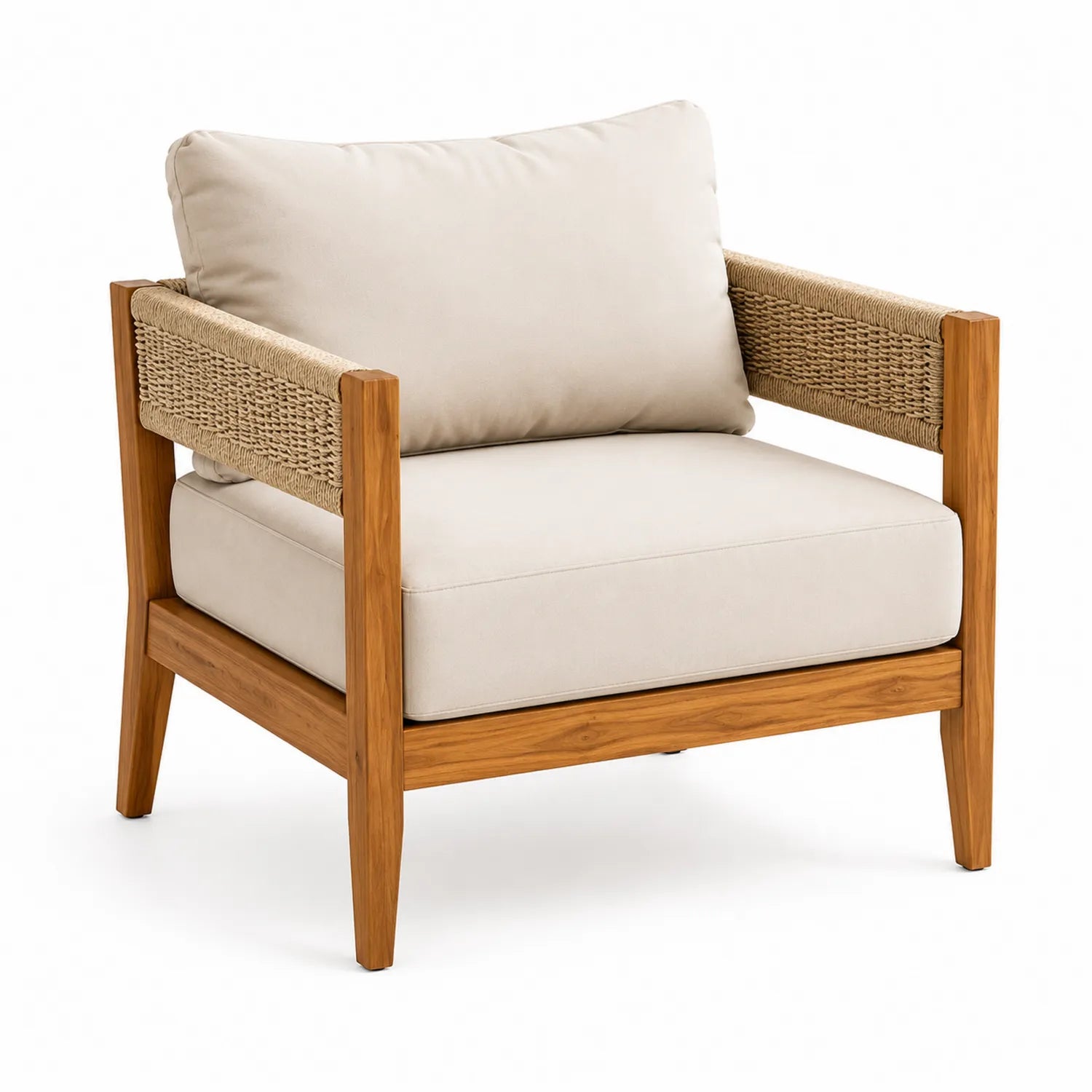 Poltrona in legno di teak e corda con cuscini in poliestere beige