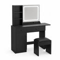 Toeletta in legno nero con specchio LED integrato e sgabello imbottito