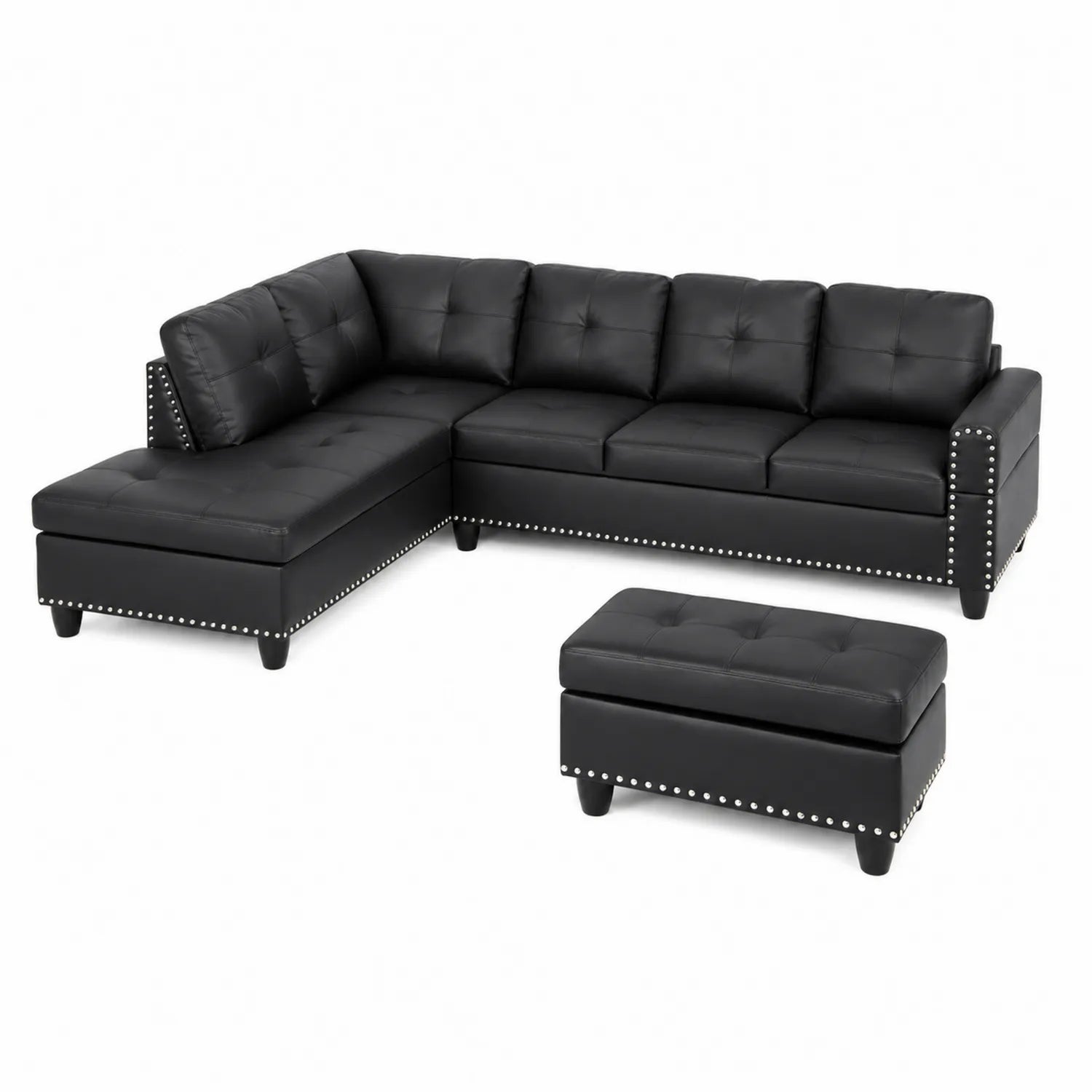 Divano angolare in ecopelle con pouf nero