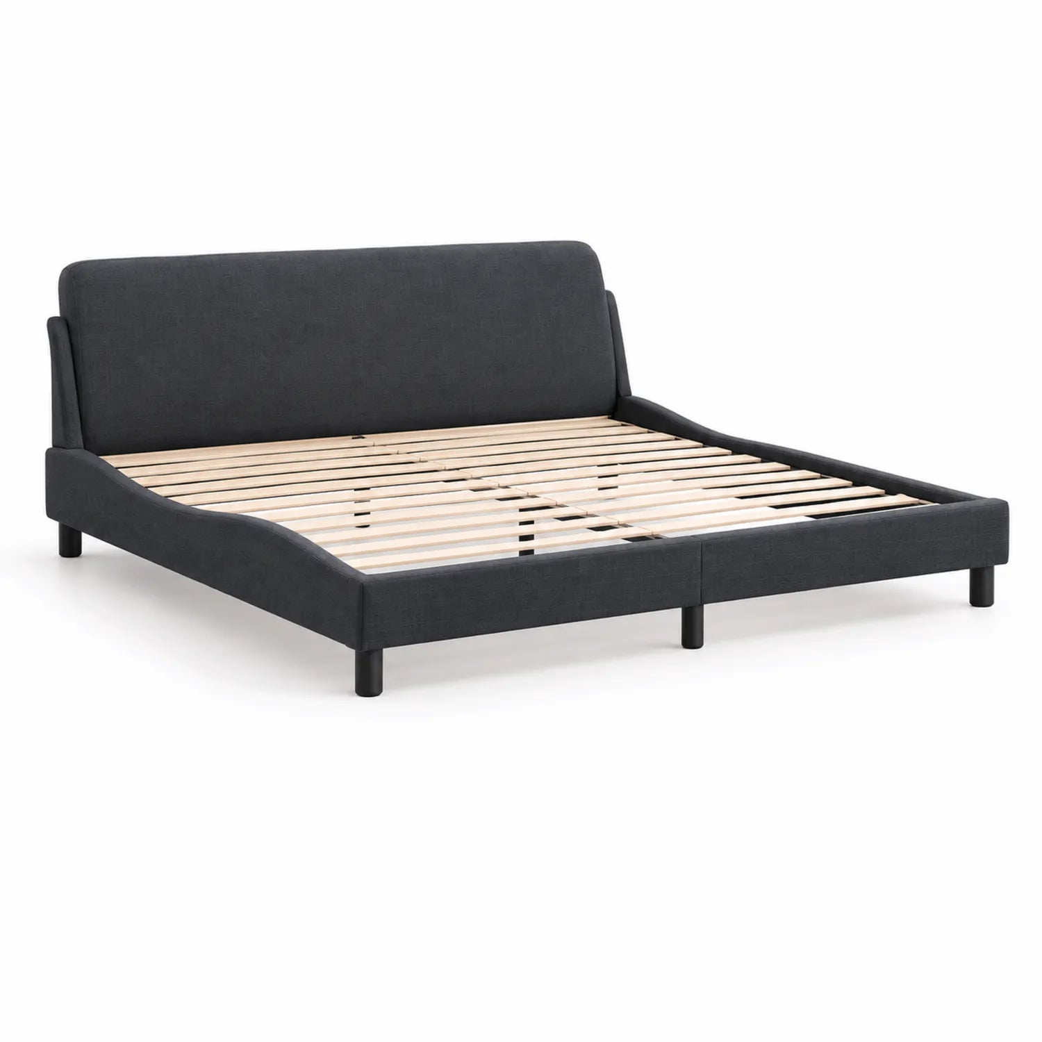 Letto matrimoniale in tessuto grigio scuro con doghe in legno