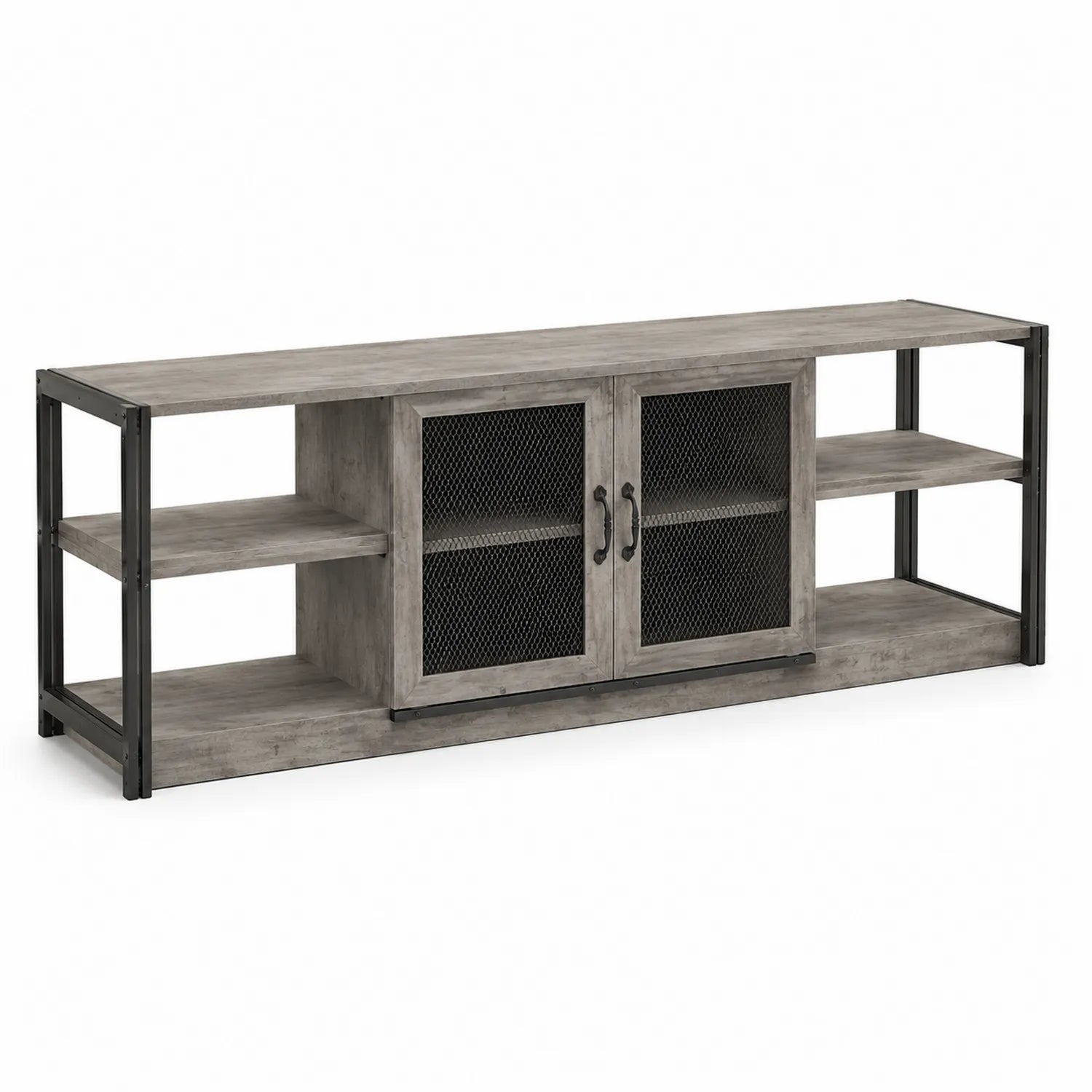 Mobile TV in Legno e Metallo con Ante in Rete, 140x40x50cm, Grigio