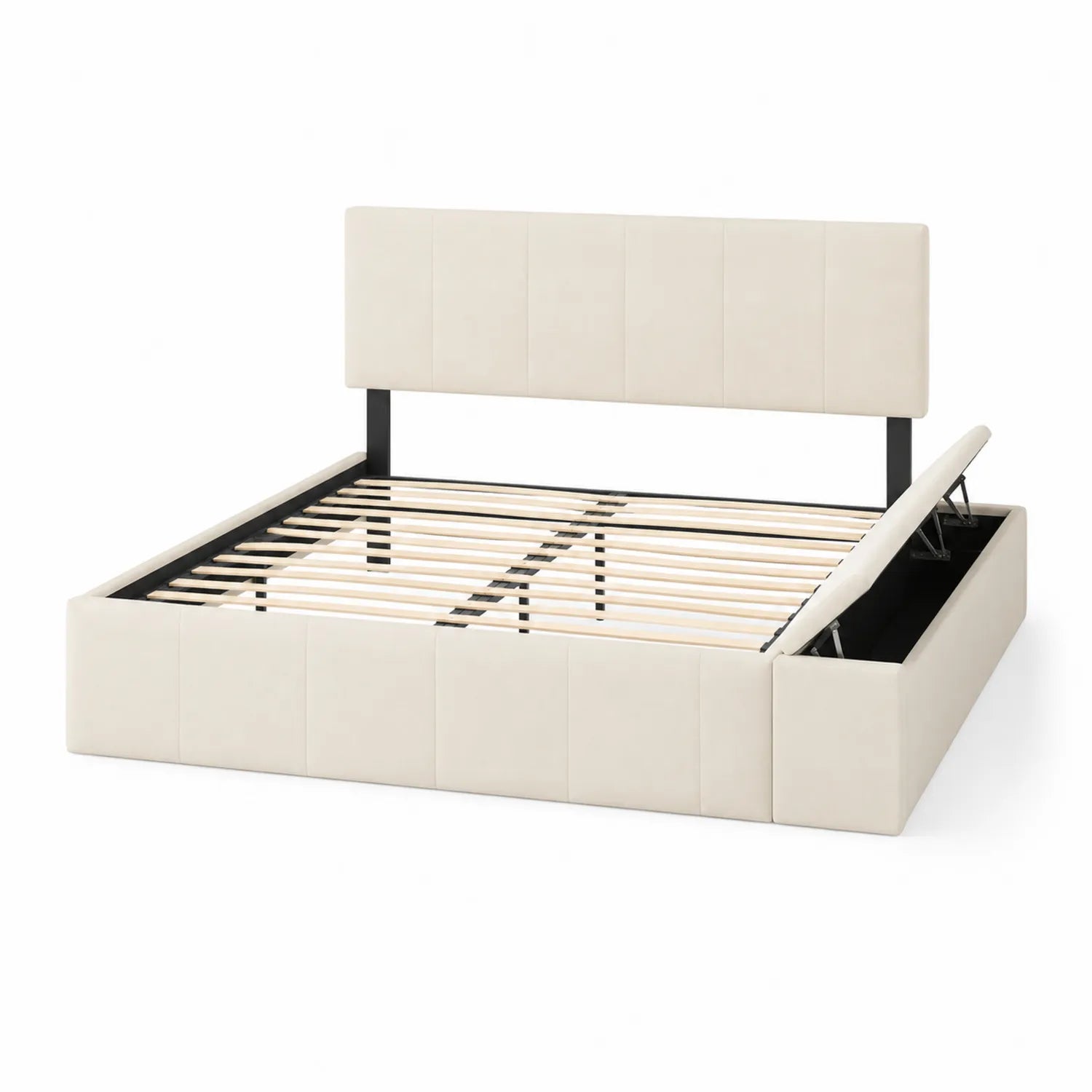 Letto matrimoniale contenitore in ecopelle beige con testiera imbottita