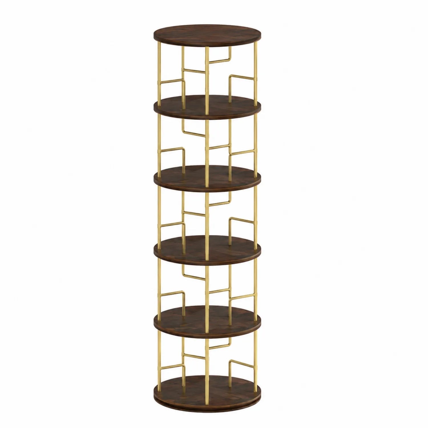 Scaffale rotondo a 5 livelli in legno e metallo dorato