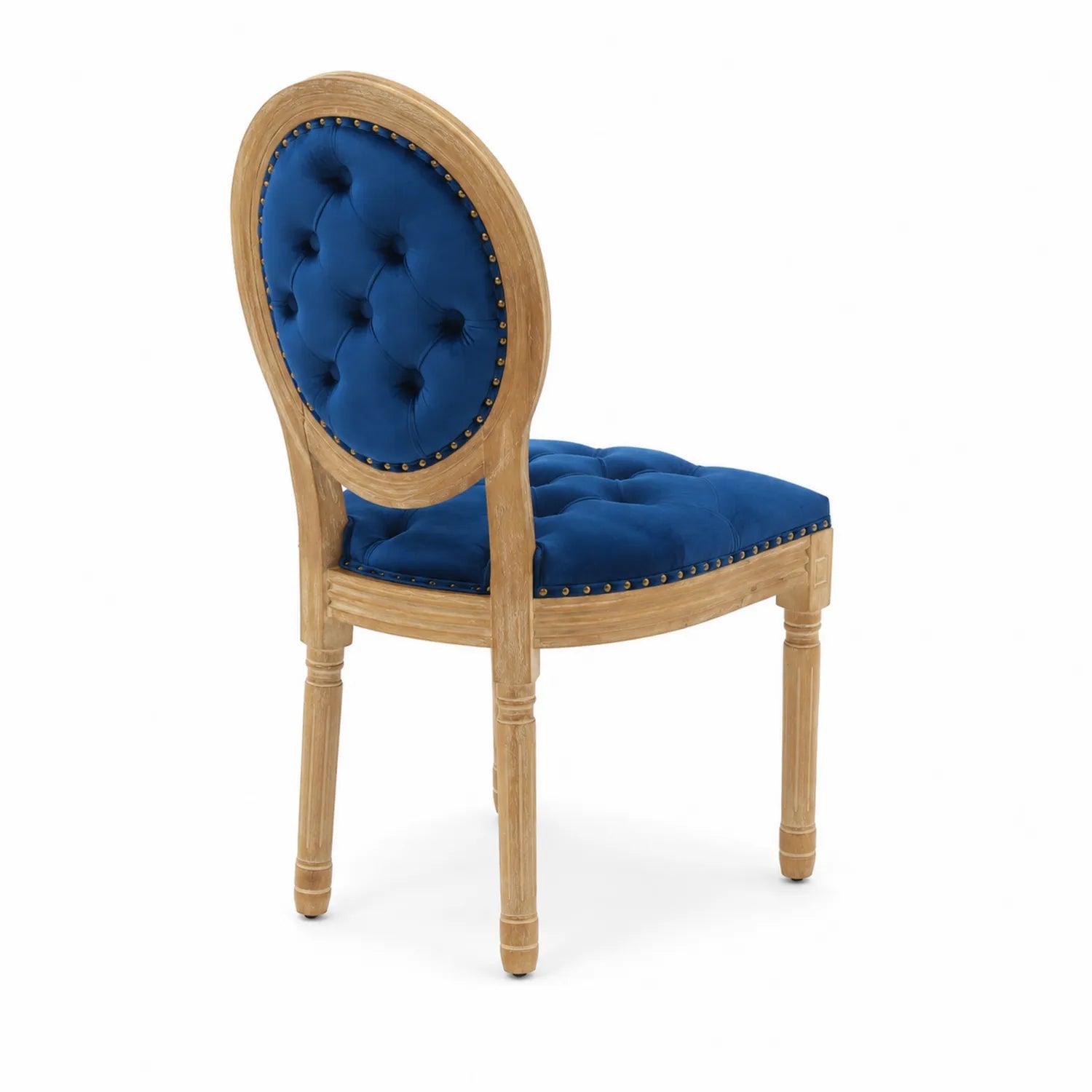 Sedia da pranzo in velluto blu con struttura in rovere