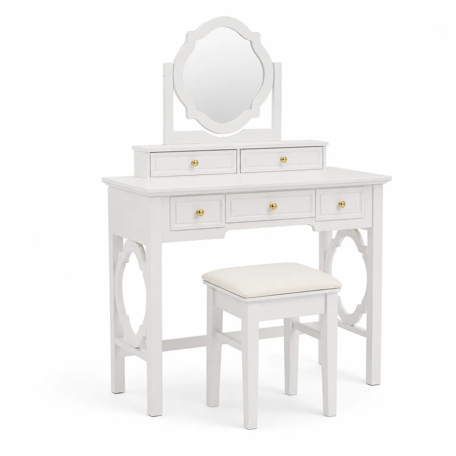 Toeletta in Legno Bianco con Specchio e Sgabello
