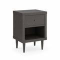 Comodino in legno con cassetto e vano aperto