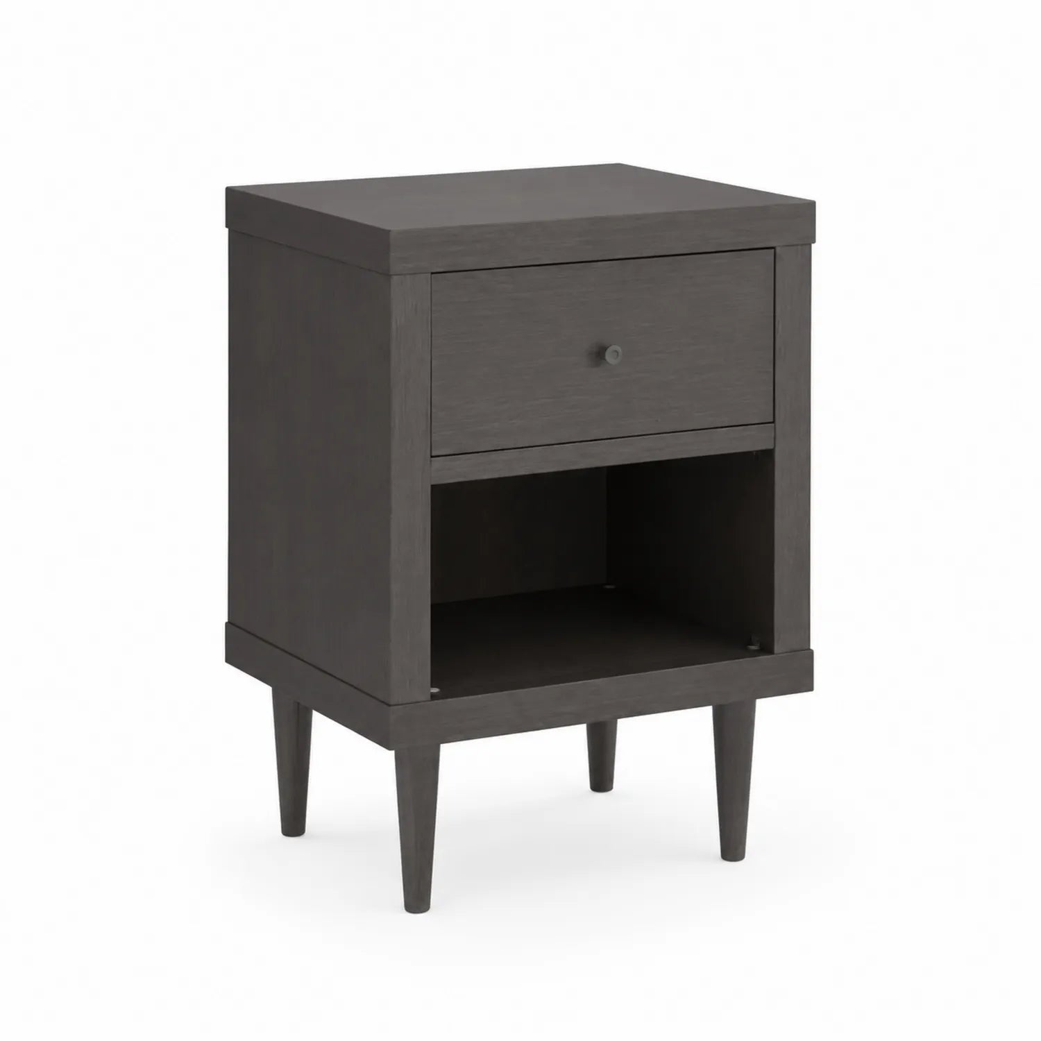 Comodino in legno con cassetto e vano aperto