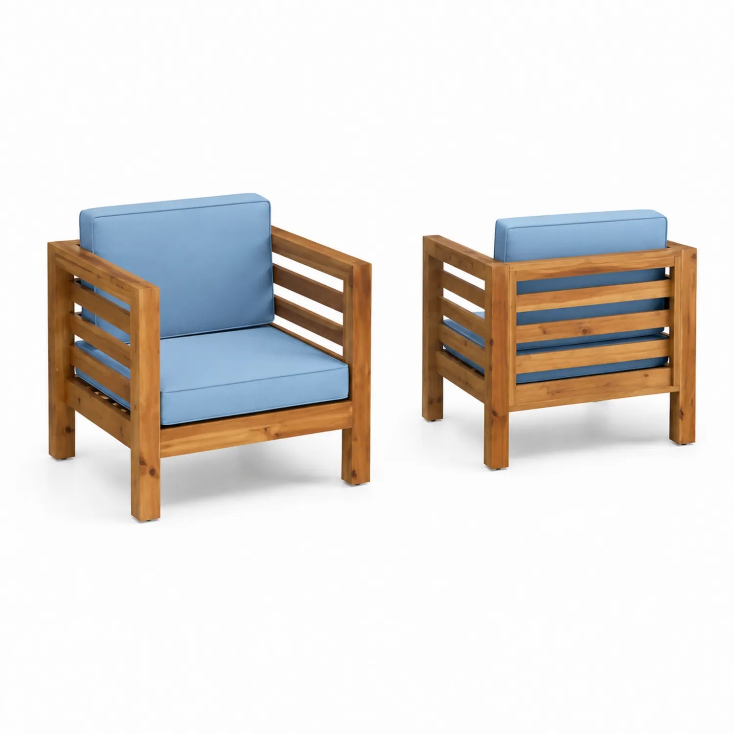 Set di 2 Poltrone da Esterno in Legno con Cuscini Blu