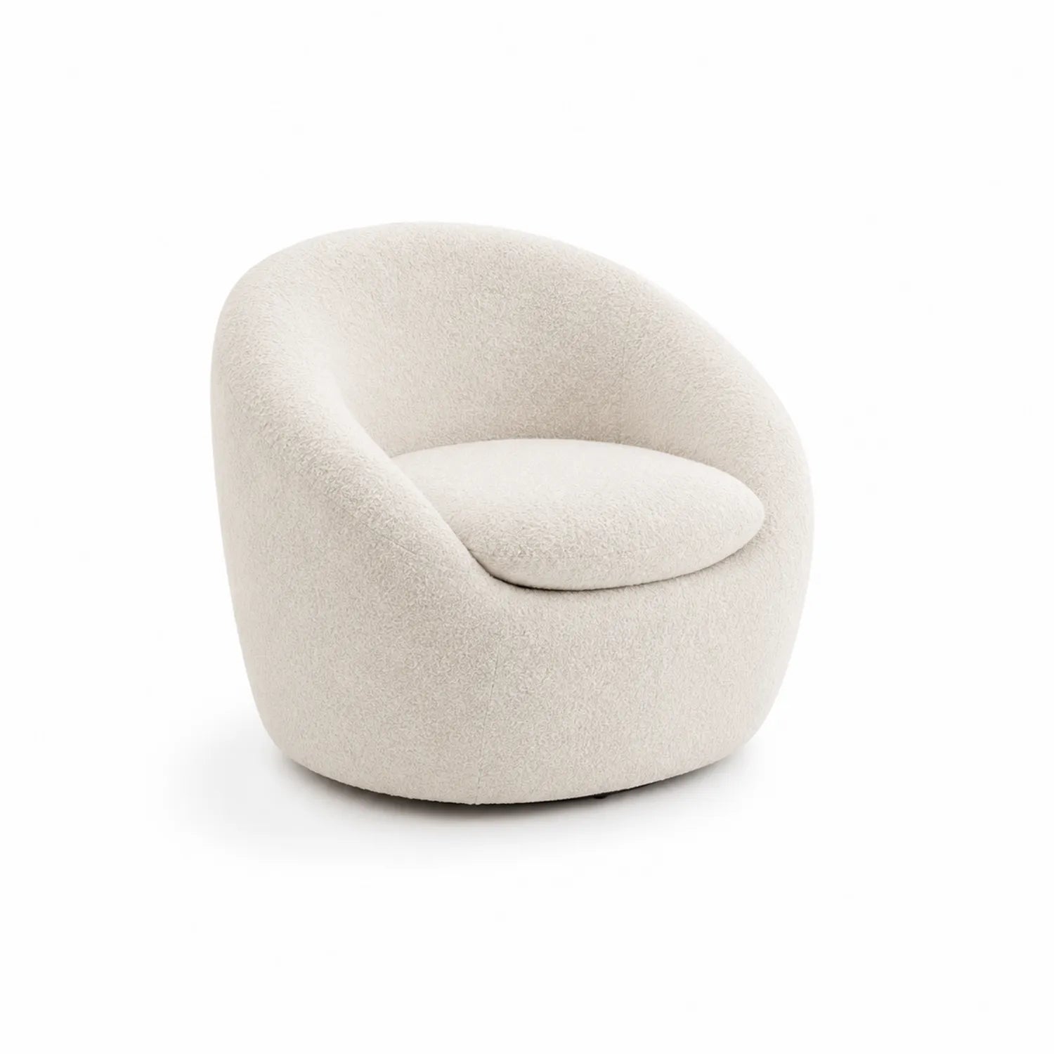 Poltrona Rotonda in Bouclé Bianco con Struttura in Legno