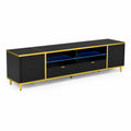Mobile TV in MDF e Vetro Temperato con Cornice in Metallo Dorato e LED, 180x40x45 cm, Nero e Oro
