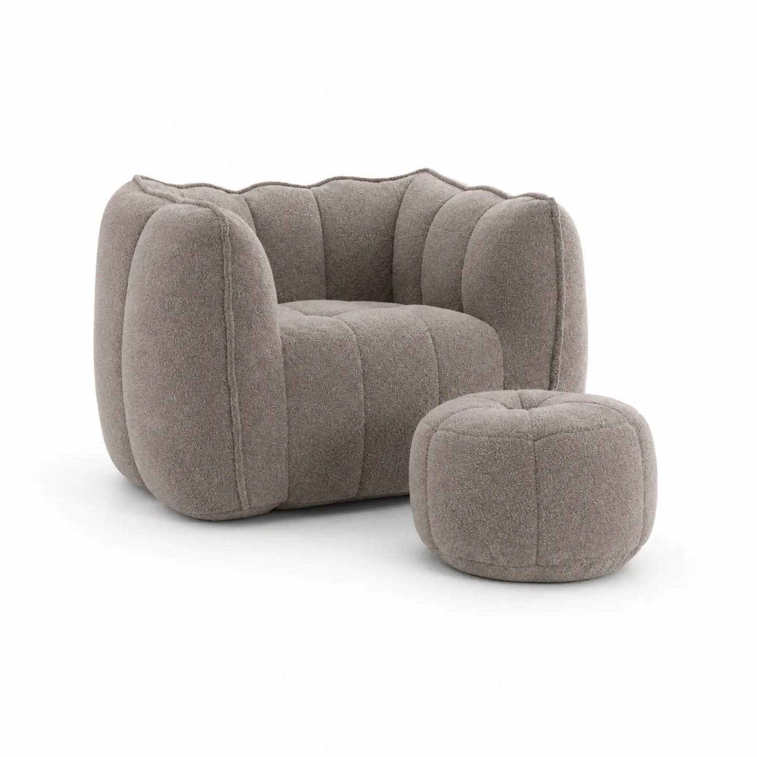 Set Poltrona e Pouf in Tessuto Bouclé Grigio
