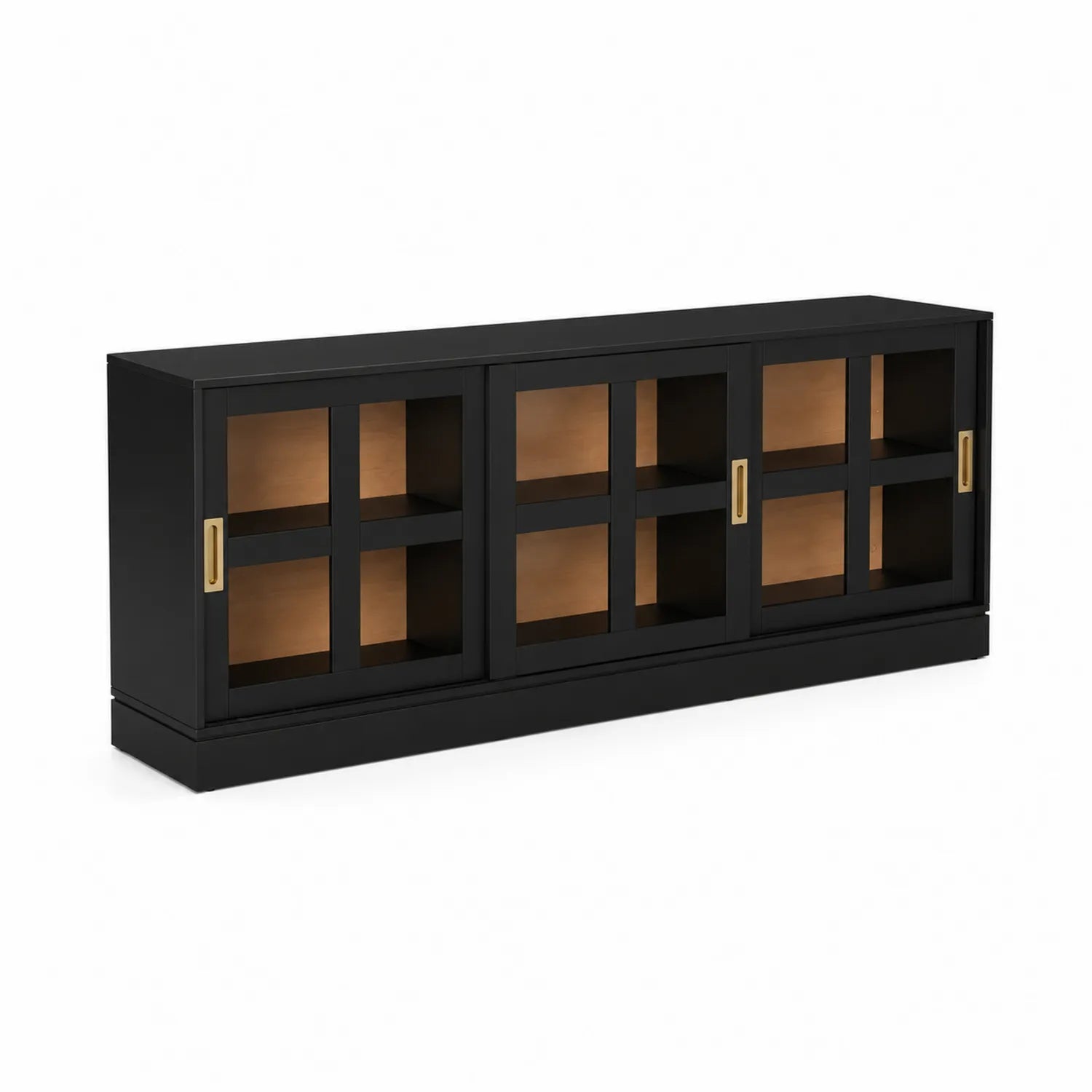 Credenza nera in legno MDF con ante in vetro temperato scorrevoli 180x45x60 cm