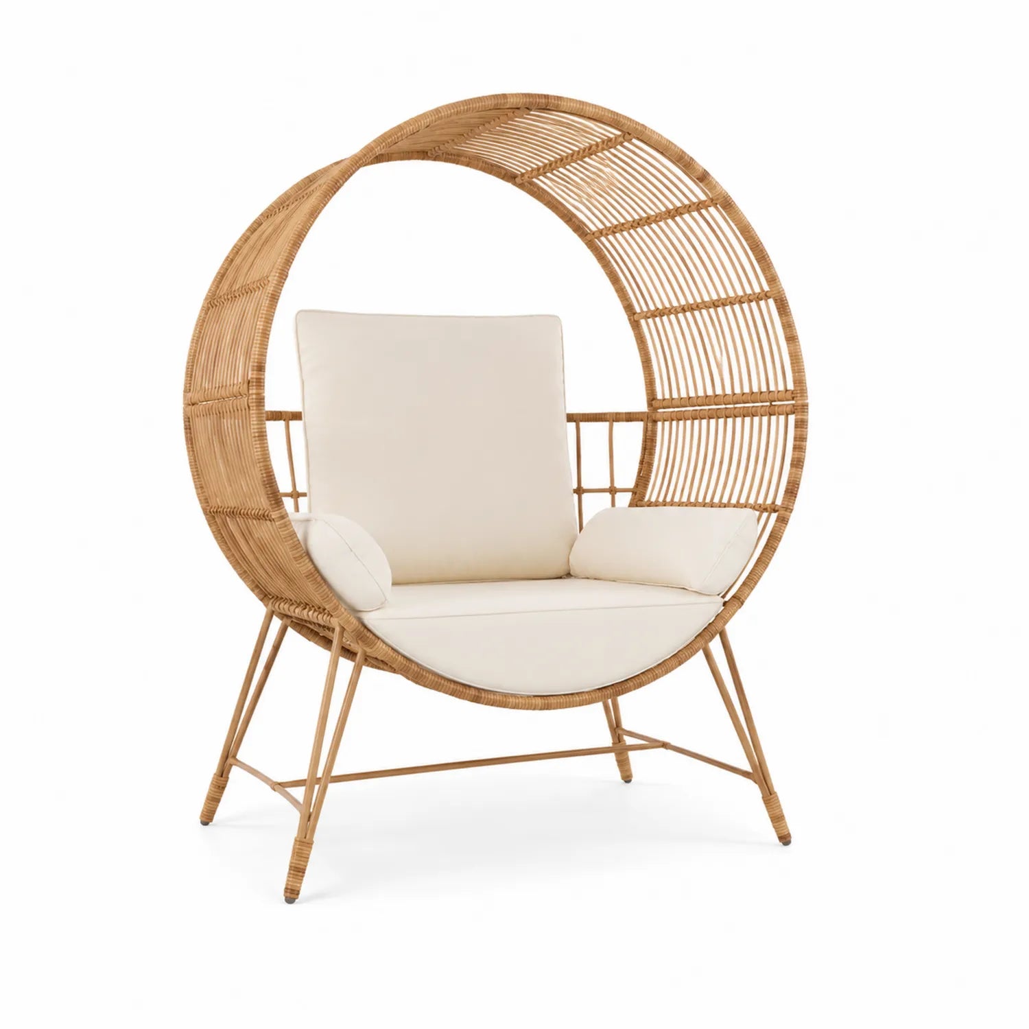 Poltrona in Rattan con Cuscini in Poliestere Bianco