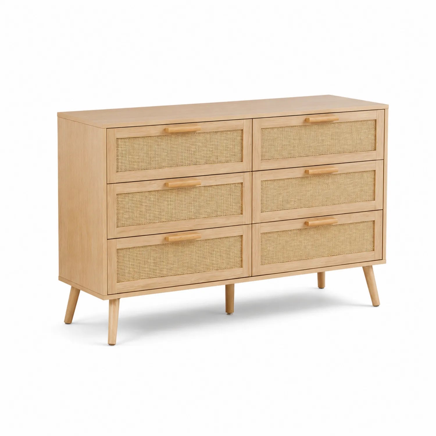 Cassettiera in Legno di Pino e Rattan con 6 Cassetti