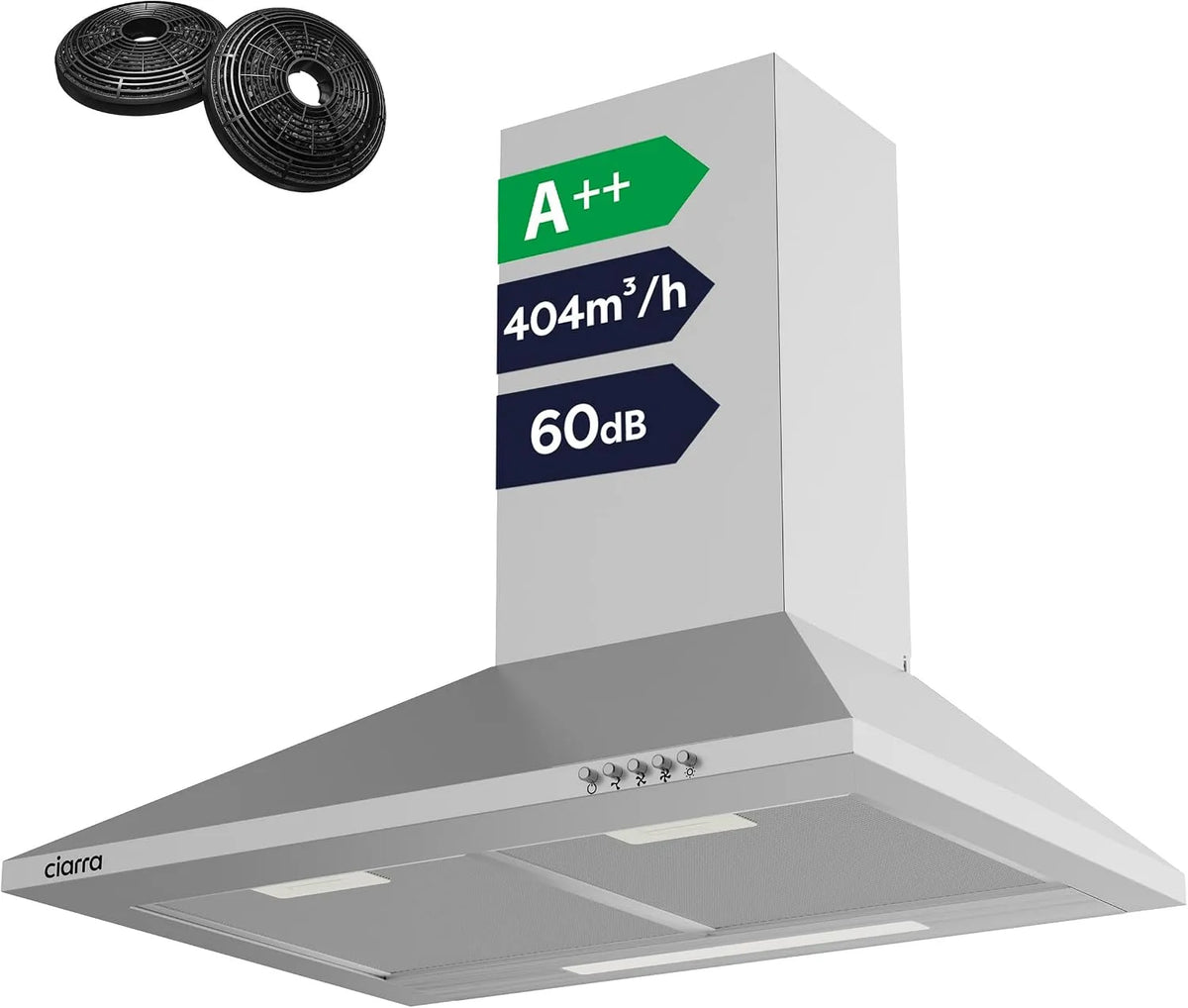 CIARRA CBCS6201 Cappa aspirante, 60 cm, 404 m3/h, 60 dB, classe energetica A, cappa da cucina, argento
