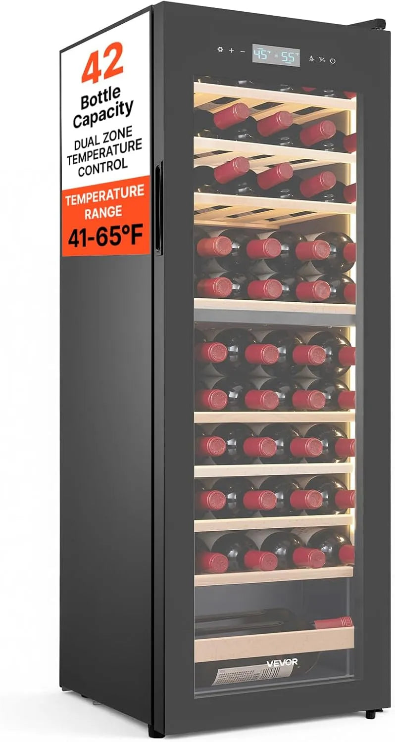 VEVOR Cantinetta vino, 42 bottiglie, 5 a 18 °C, 2 zone di temperatura, vetro, Bar Ufficio Casa Raffreddamento ad Aria, Cantina Vino Capienza 42