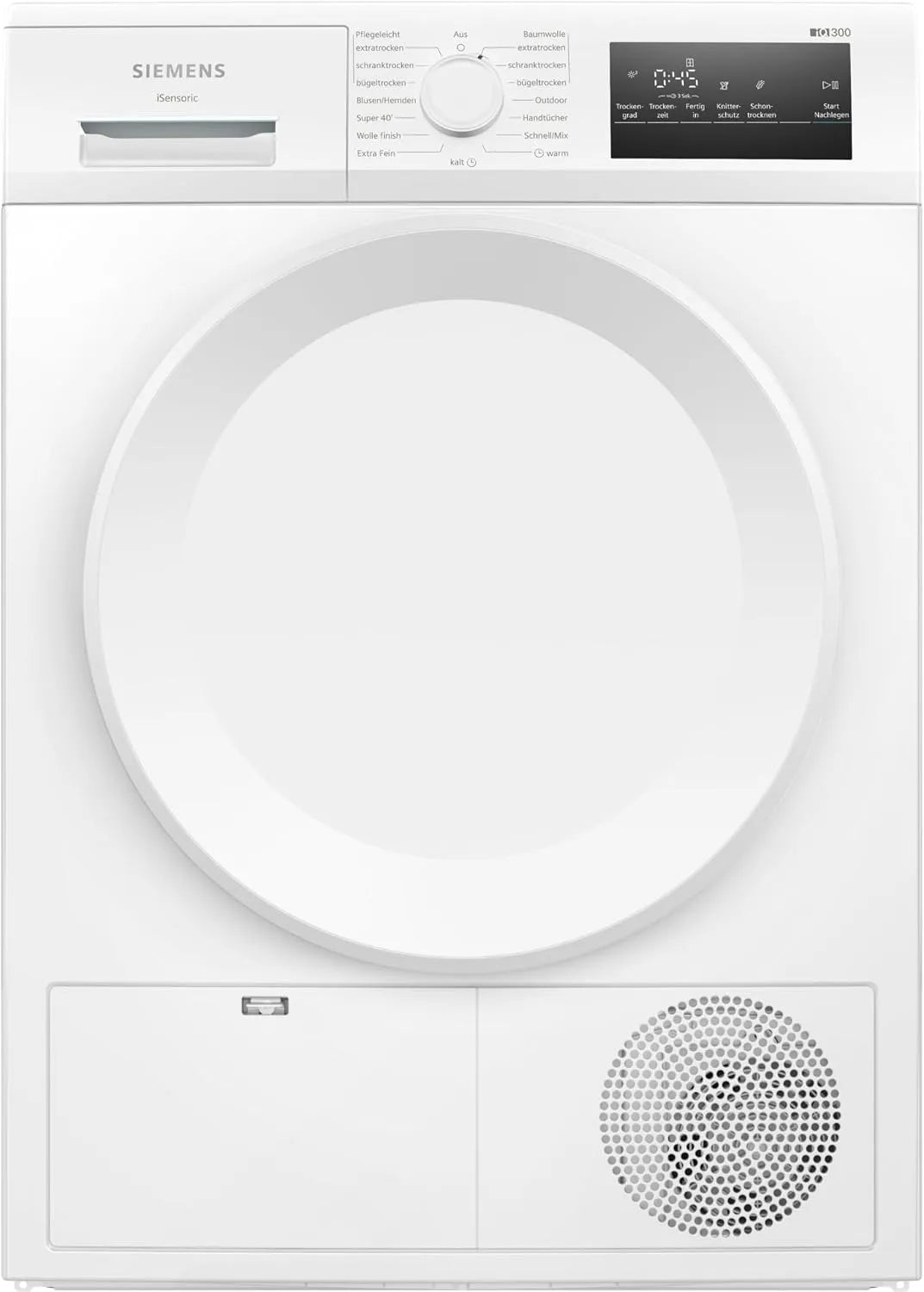 Siemens iQ300 WT43H004 Asciugatrice, 8 kg, 65 dB, esterno, touch, bianco, super40, programma outdoor, essiccatore pompa di calore, autoDry, softDry