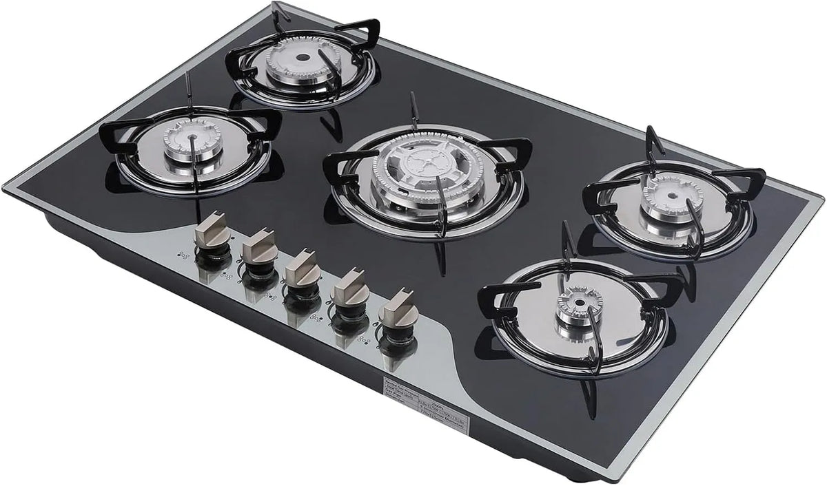 Piano cottura a gas, 77, 5 x 51 x 6, 5 cm, 5 fuochi, da incasso, fornello a gas, fornelli da cucina, vetro temperato può gestire diverse pentole ad