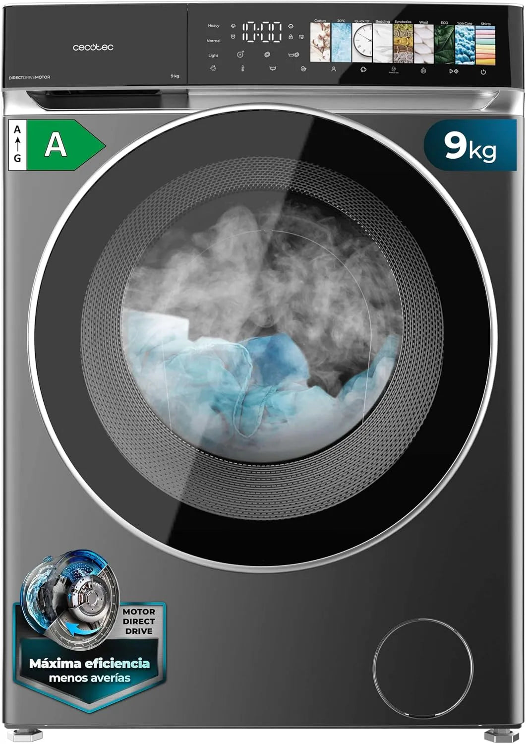 Cecotec Bolero DressCode 9970 1400RPM Lavatrice, 11 programmi, 9 kg, vapore, Porta XXL, SchermoFullColor, Luce Interna, Stop&Go, Steel