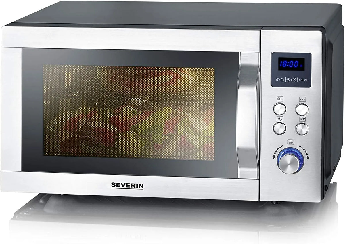 Severin 3in1 Forno a microonde, grill, acciaio inox, nero, MW 7777, SEVERIN Forno a Microonde 3in1 con Base in Vetro, Flatbed per Piatti Grandi
