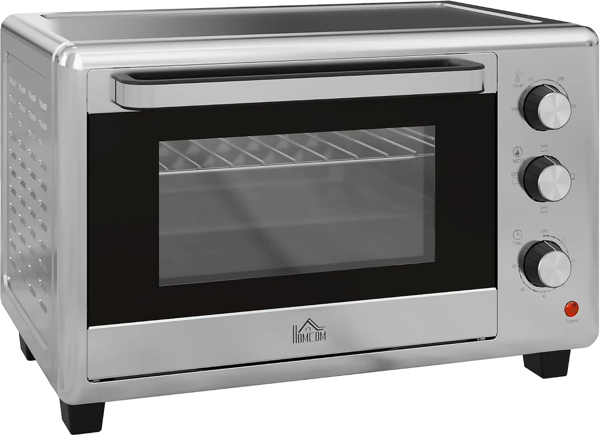 Forno elettrico, 30 L, 1600 W, 3 programmi, compatto, argento, HOMCOM Fornetto Elettrico 30L con 3 Funzioni di Cottura 1600W Argento
