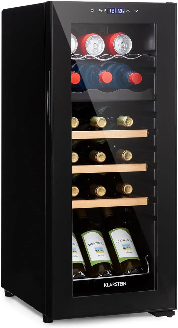 Klarstein Cantinetta vino, 18 bottiglie, 2 fuochi, Fridge con 2 Zone di Raffreddamento, Portabottiglie di Vino a Installazione Libera, Compressore a
