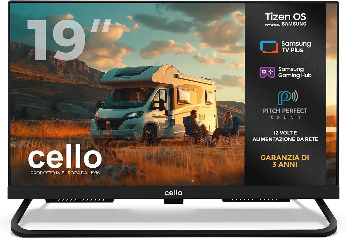 Samsung CTRAV-19TZ Smart TV, 19 pollici, 12 V, televisore, Tizen OS, Bluetooth, Cello CTRAV-19TZ Smart TV 19' 12V per camper e campeggio, Gaming Hub