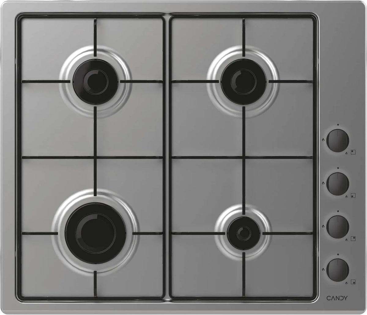 Candy CHW6LBX/4U2 Piano cottura a gas, 60 cm, 4 fuochi, fornello a gas, 2 kW di potenza, 2 griglie, gas naturale adattabile al gas butano, sistema di