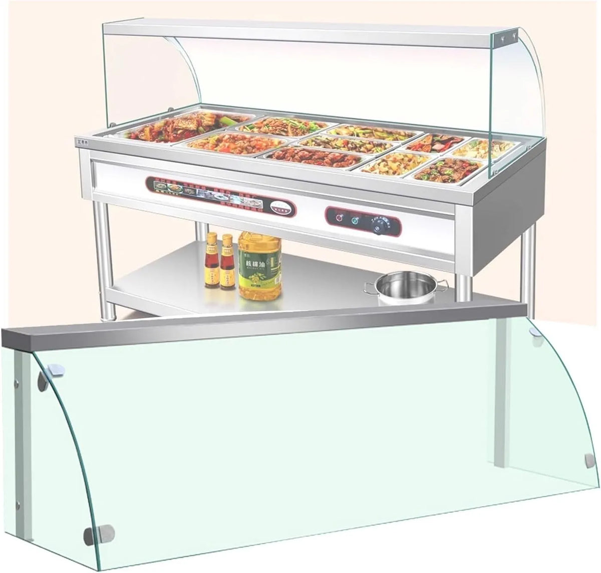 Vetrina refrigerata, pasticceria, professionale, Vetrina refrigerata commerciale con recinzione a tre lati per il riscaldamento degli alimenti a