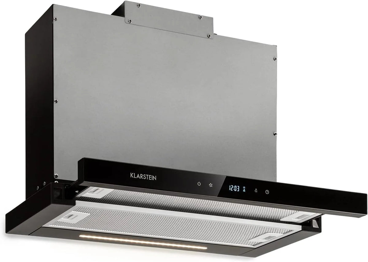 Klarstein Cappa aspirante, 60cm, 640 m3/h, cappa da cucina, scarico e ricircolo, touch, timer, nero, Mariana Neo 60, Display LC, a Schermo Piatto