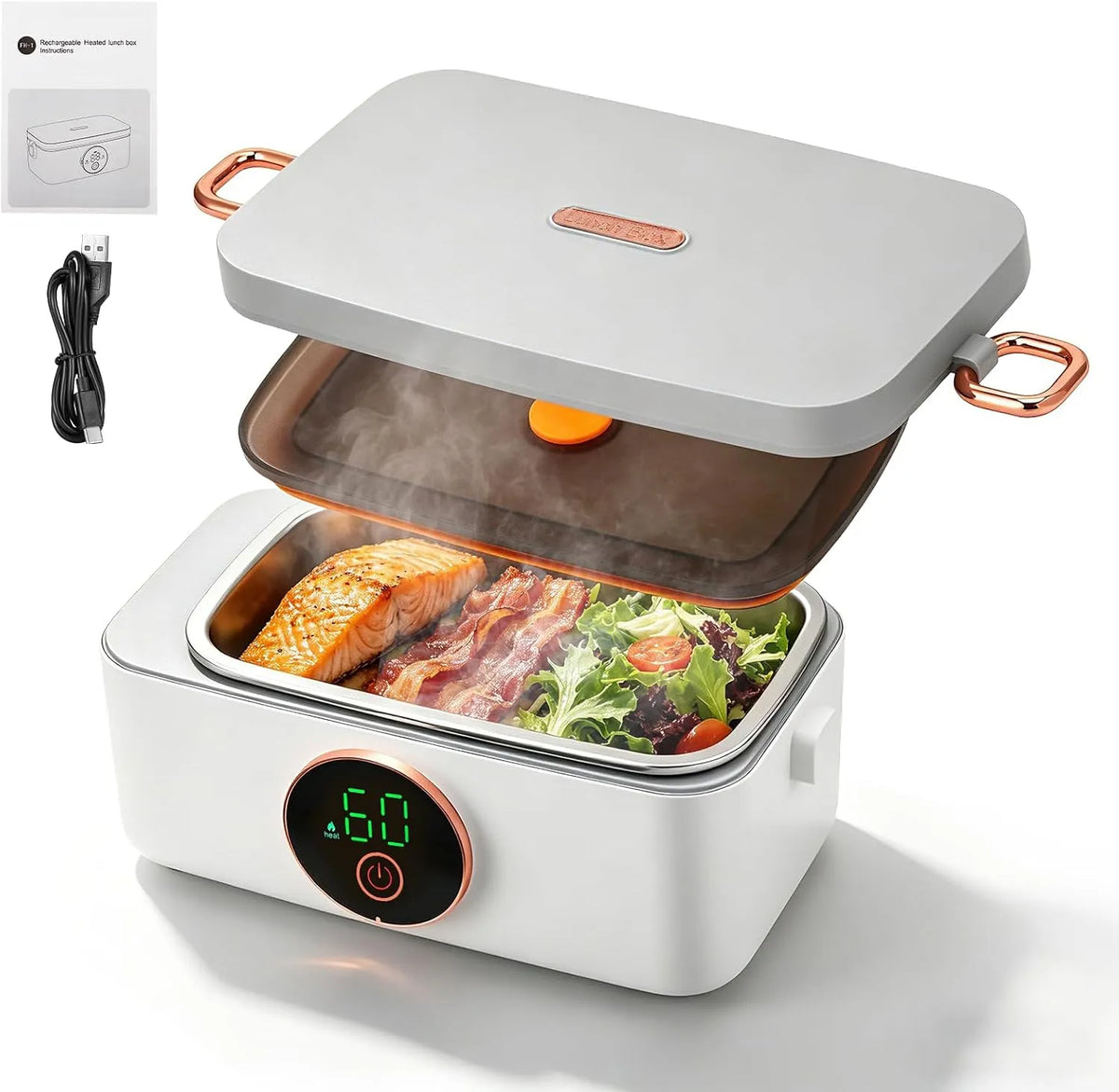 Prodotto senza fili, Contenitore per il pranzo elettrico con batteria, portatile, riscaldato, 6 temperature e 6 timer, 1 l, in acciaio inox, isolato e