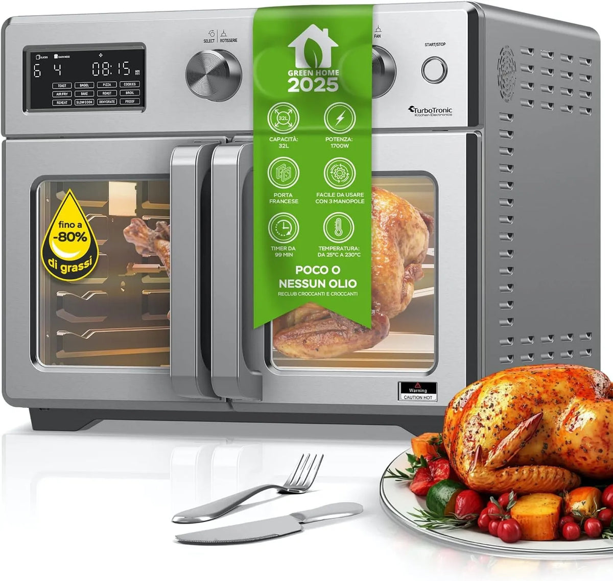 Forno elettrico 4in1, 32 L, TurboTronic Forno Digitale XXL 32 Litri 4in1 con Girarrosto