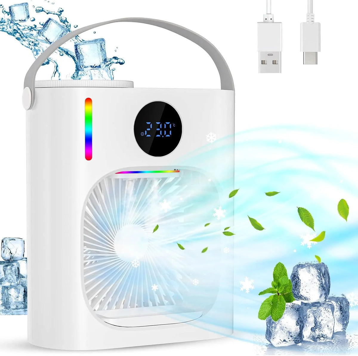 Condizionatore 900ml, portatile, 3 velocità, USB, Raffreddatore D'aria Luci LED & Risparmio EnergeticoIdeale per Spazi Piccoli, Blanco