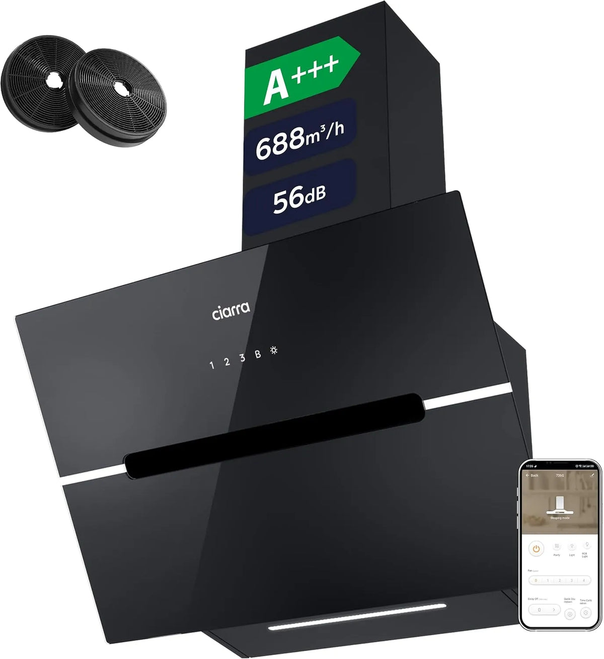 CIARRA CBCB6736F Cappa aspirante, 60 cm, 60 dB, cappa da cucina, inclinata, nero