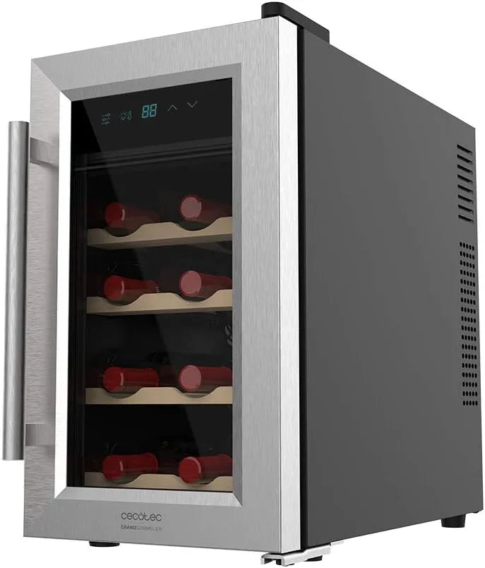 Cecotec 8 bottiglie, Vinoteca Grand Sommelier 800 CoolWood, capacità 25L, porta in vetro con struttura in acciaio inox e ripiani in legno, touchpad e