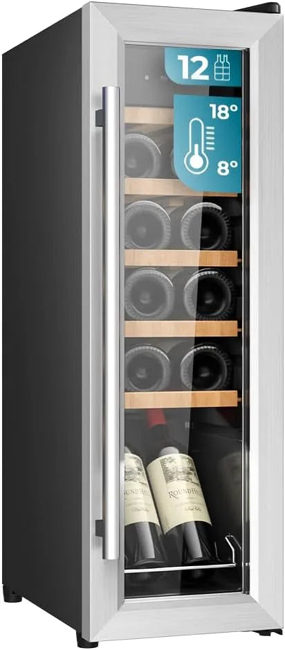 Cecotec Bolero GrandSommelier 1250 Cantinetta vino, 25, 2x45x79, 5cm, 12 bottiglie, 8 a 18 °C, classe energetica E, 2 zone di temperatura, touch, LED
