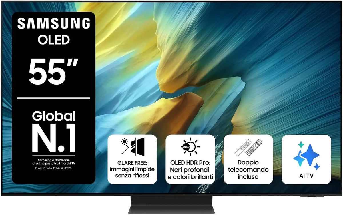 Samsung QE55S95FATXZT NQ4 Smart TV, televisore, 4K UHD, OLED, audio Dolby, AI Gen4 Processor, Dolby Atmos & OTS+, 4K AI Upscaling, 2025, Glare Free