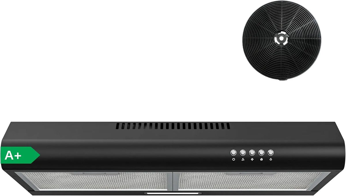Cappa aspirante, 60 cm, 250 m3/h, cappa da cucina, scarico e ricircolo, 3 livelli, nero, illuminazione a LED, con filtro a carbone, efficienza