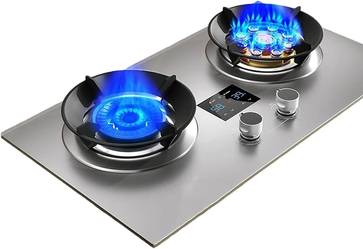 Piano cottura a gas, 2 fuochi, libera installazione, portatile, timer, acciaio inox, fornello a gas, Stufa A Gas, Cucina A Gas, Piano Tavolo