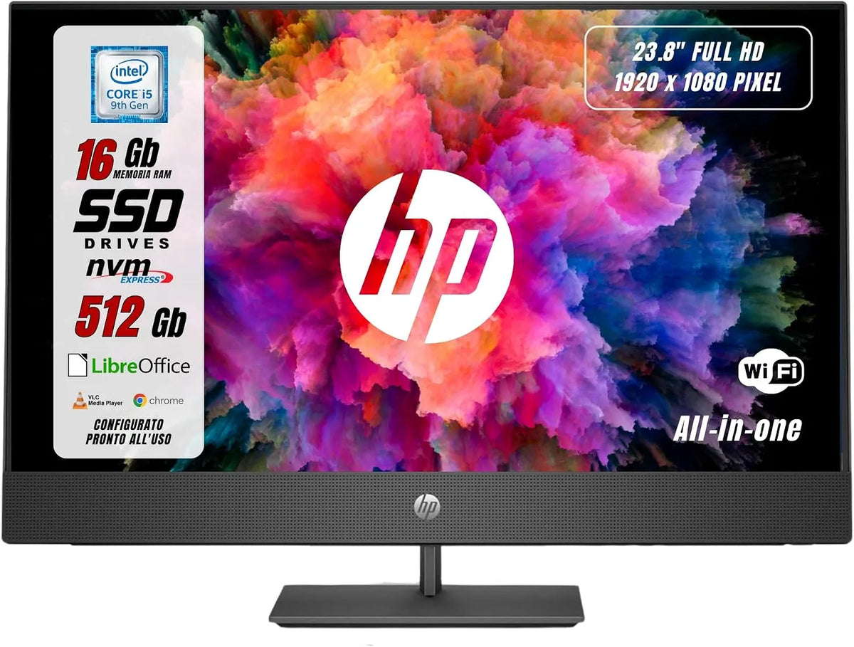 HP All In One Pronto all'uso, ProOne, Display 23, 8' FHD i5-9500 3.0Ghz, Ram 16GB SSD 512GB W11, Intel i5-9500 6 Core 3.0Ghz, Borderless, Libre Office