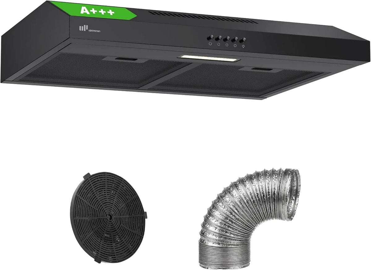 Cappa aspirante HU60, 60 cm, 220 m3/h, 61 dB, classe energetica A, cappa da cucina, 3 velocità, nero, Luce LED 1, 5 W, Ricircolo & Aspirazione con