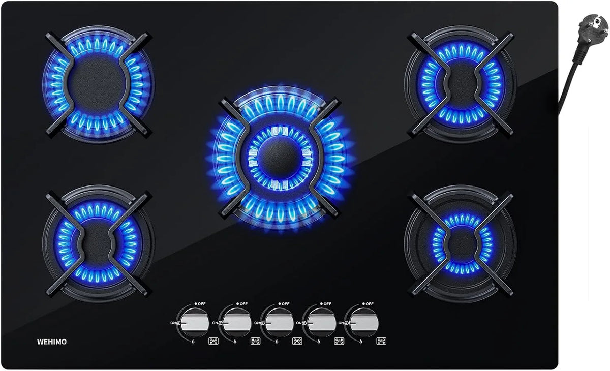 Piano cottura a gas, 77cm, 5 fuochi, 10500 W, da incasso, fornello a gas, nero, 10500W, Protezione Flame-Out, Gas Naturale, Propano, Butano
