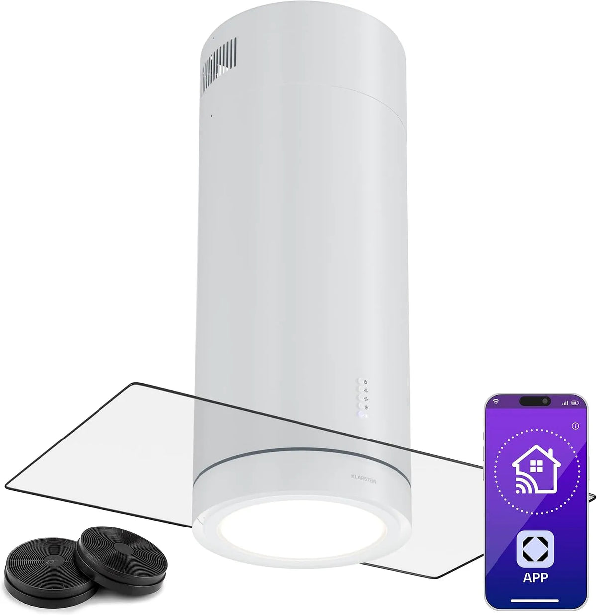 Klarstein Cappa aspirante, 650 m3/h, cappa da cucina, Flusso d'Aria di 650m3, Klarstein Cappa Isola Sospesa, Cappa Cucina con LED, con Filtri